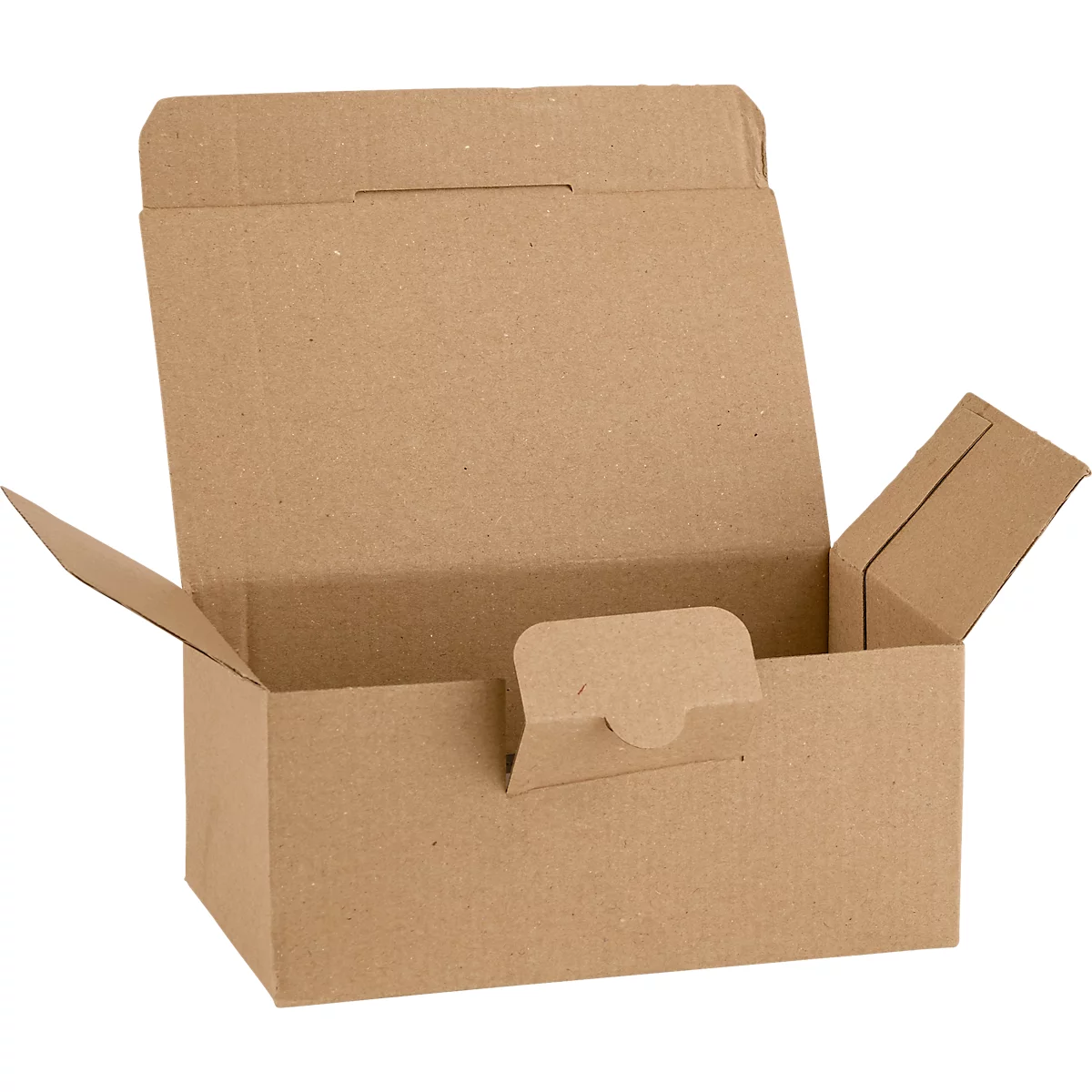 Boîte en carton marron ouverte avec couvercle partiellement ouvert. Vue intérieure avec languette de fermeture.