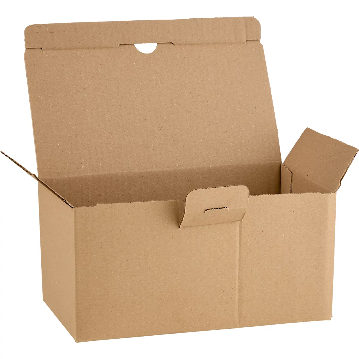 Emballage en carton brun ouvert avec poignée. Le couvercle est ouvert. Il y a un trou sur le dessus.