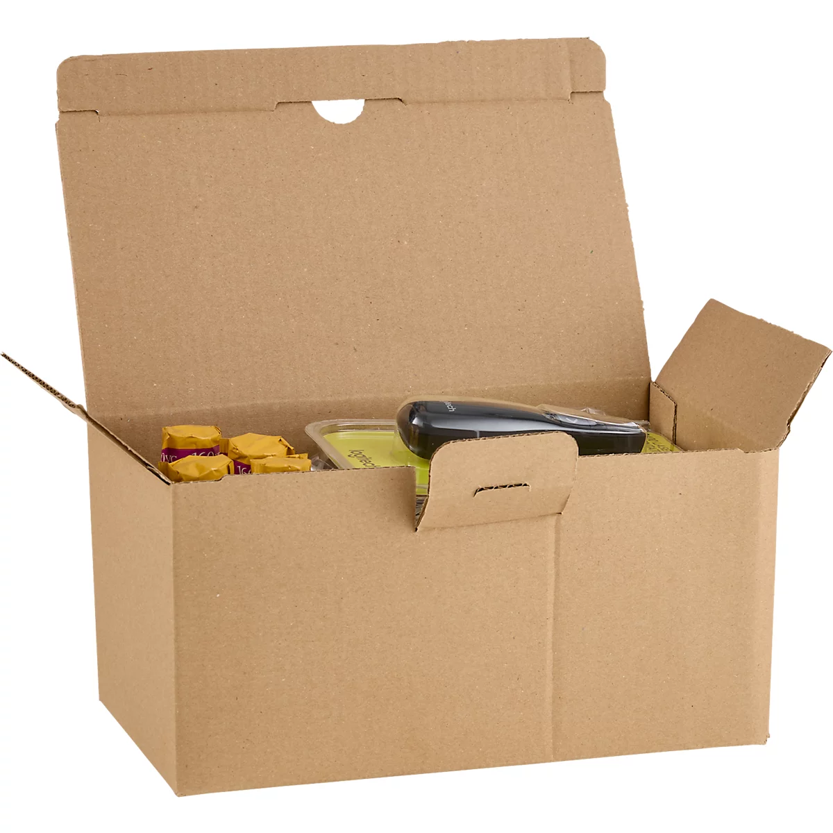 Boîte en carton marron ouverte avec du contenu, y compris un appareil noir et d'autres produits emballés.