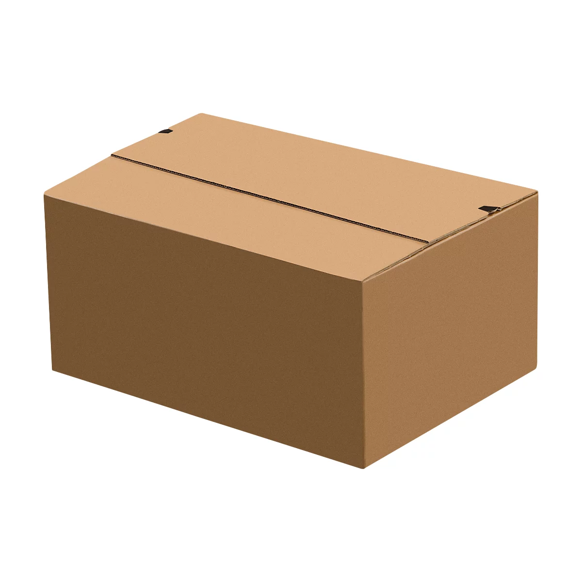 Boîte en carton marron fermée, présentée en perspective.