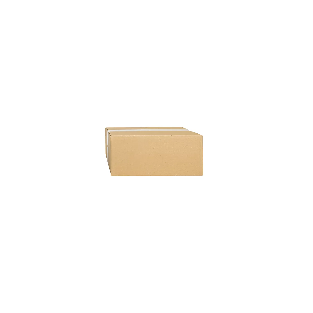 Une boîte en carton marron rectangulaire. Elle est scellée avec du ruban adhésif blanc et placée sur un fond blanc.