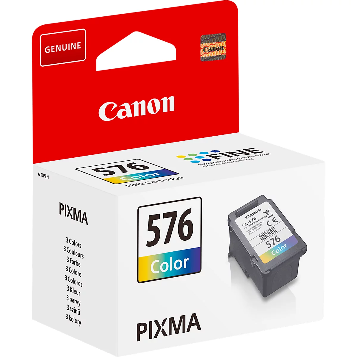 Cartouche d'encre Canon Pixma 576 Couleur. Les mots "Canon", "Genuine", "576 Color", "Pixma" sont sur l'emballage.