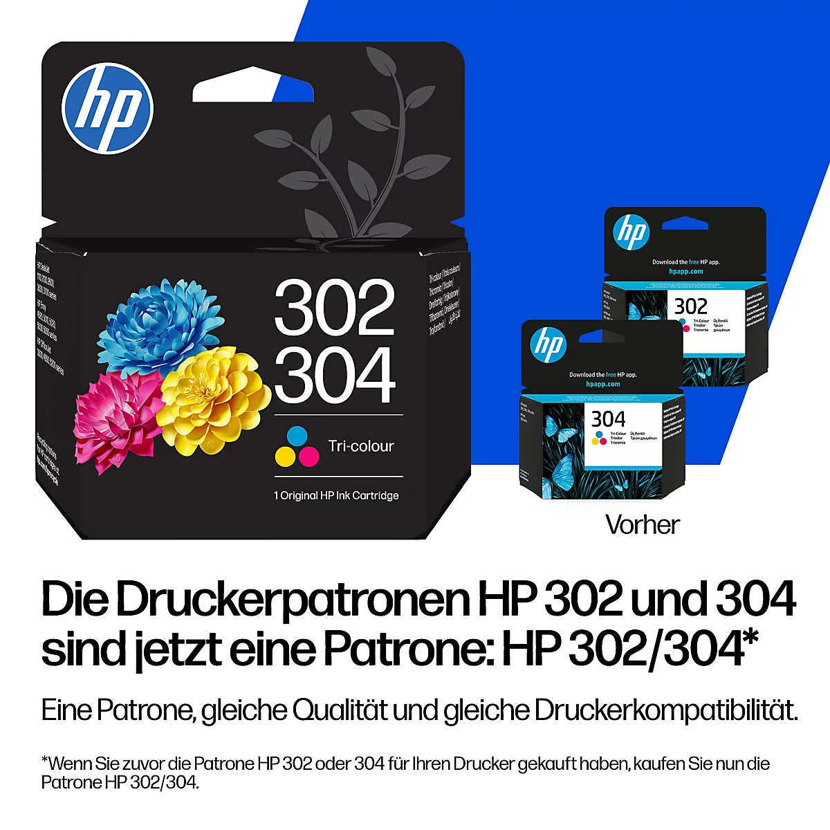 Publicité pour les cartouches d'encre HP 302/304 montrant le nouvel emballage combiné et les anciens modèles.