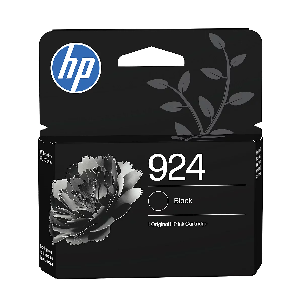 Emballage de cartouche d'encre noire HP 924 avec motif floral et logo HP.