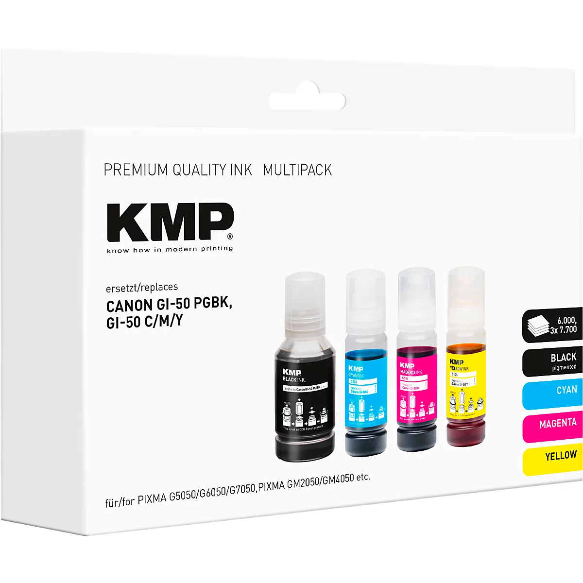 Multipack d'encre KMP avec quatre flacons (noir, cyan, magenta, jaune) pour imprimantes Canon PIXMA.