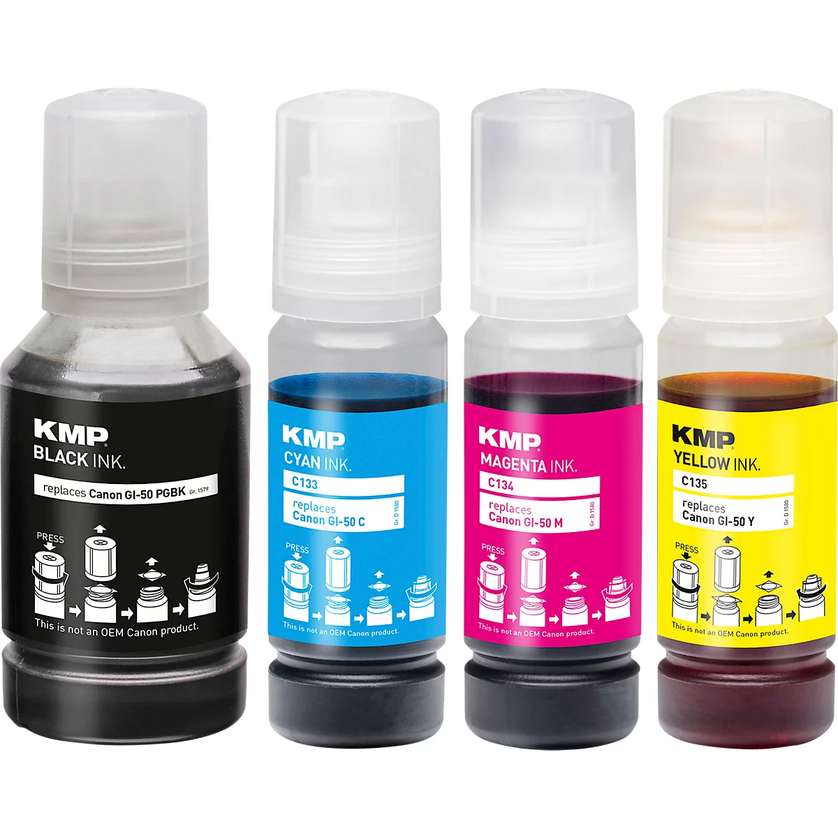 Quatre bouteilles d'encre KMP en noir, cyan, magenta et jaune sur fond blanc.