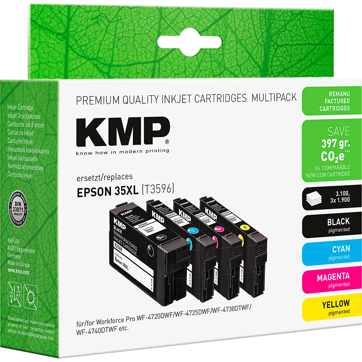 Multipack de cartouches d'encre KMP pour Epson 35XL, quatre cartouches noir et couleur dans une boîte blanche à motif de feuilles vertes.