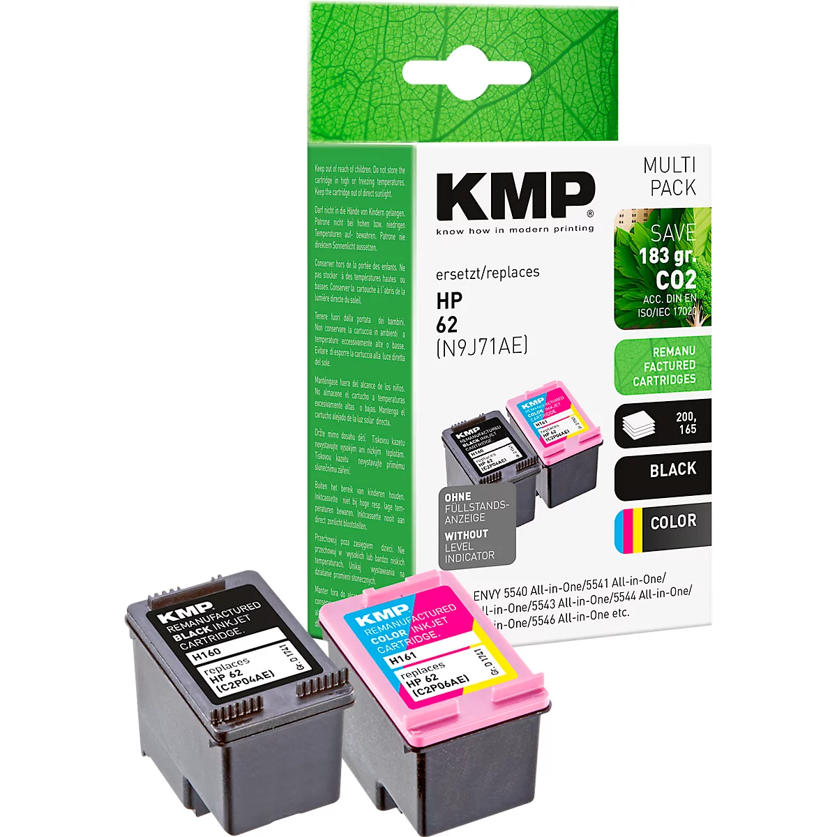 Cartouche d'encre KMP, remplace HP 62 (C2P04AE/C2P06AE), jusqu'à 200/165 pages, multipack, CMYK