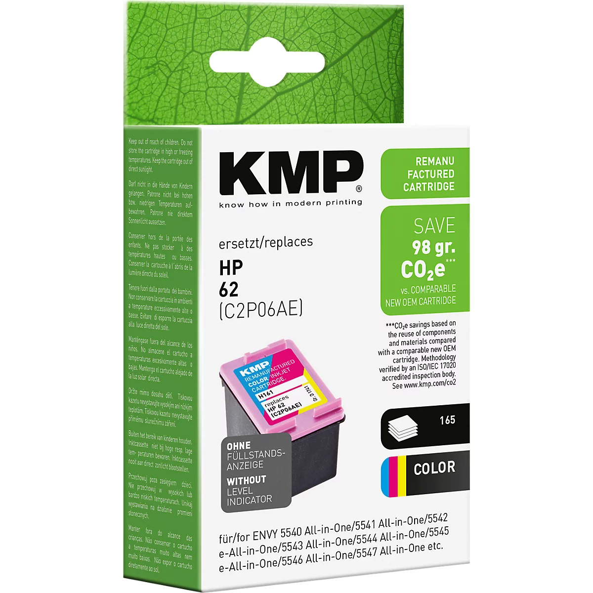 Cartouche d'encre KMP, remplace HP 62, dans un emballage vert avec motif de feuilles.