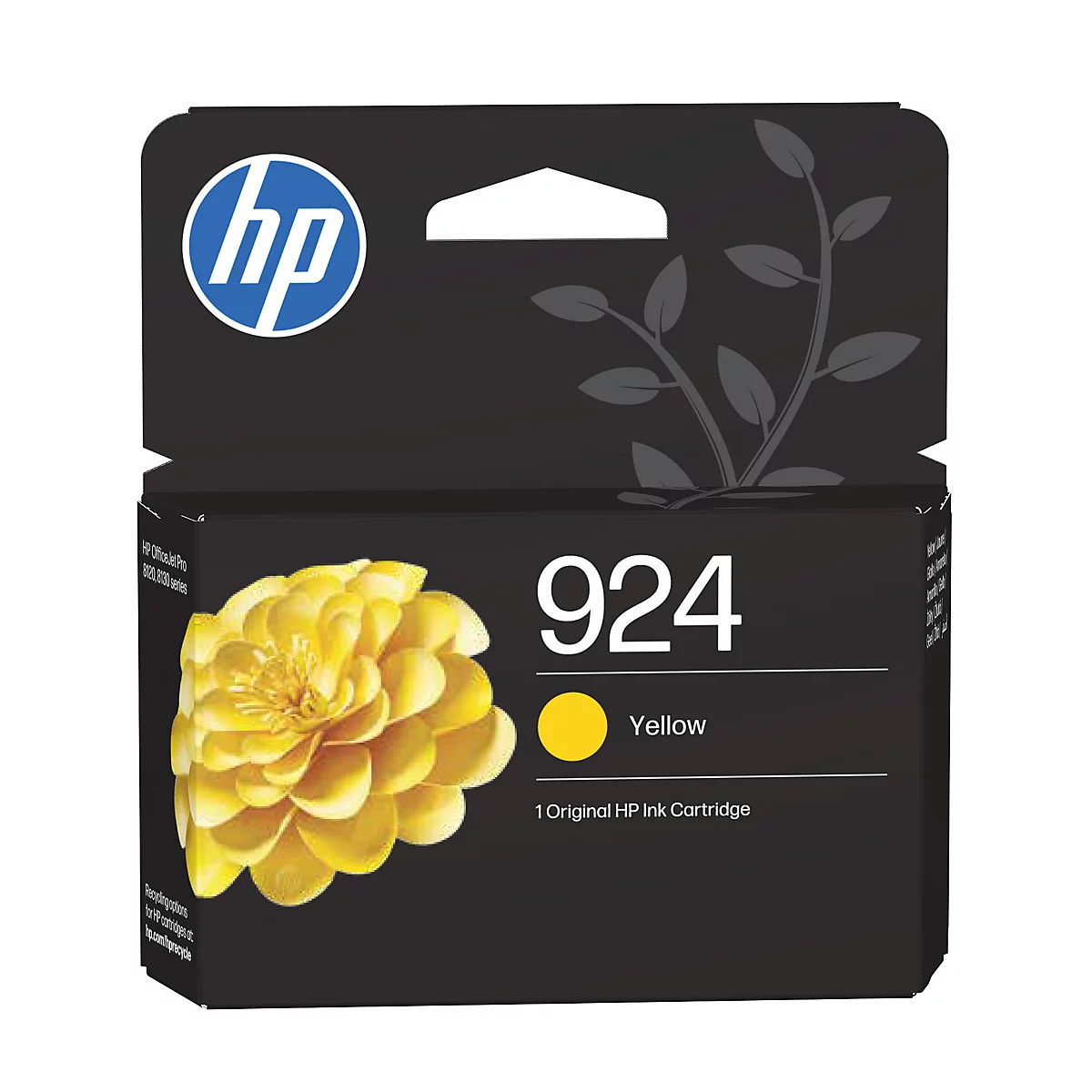 Cartouche d'encre jaune originale HP 924 dans un emballage noir avec motif floral.