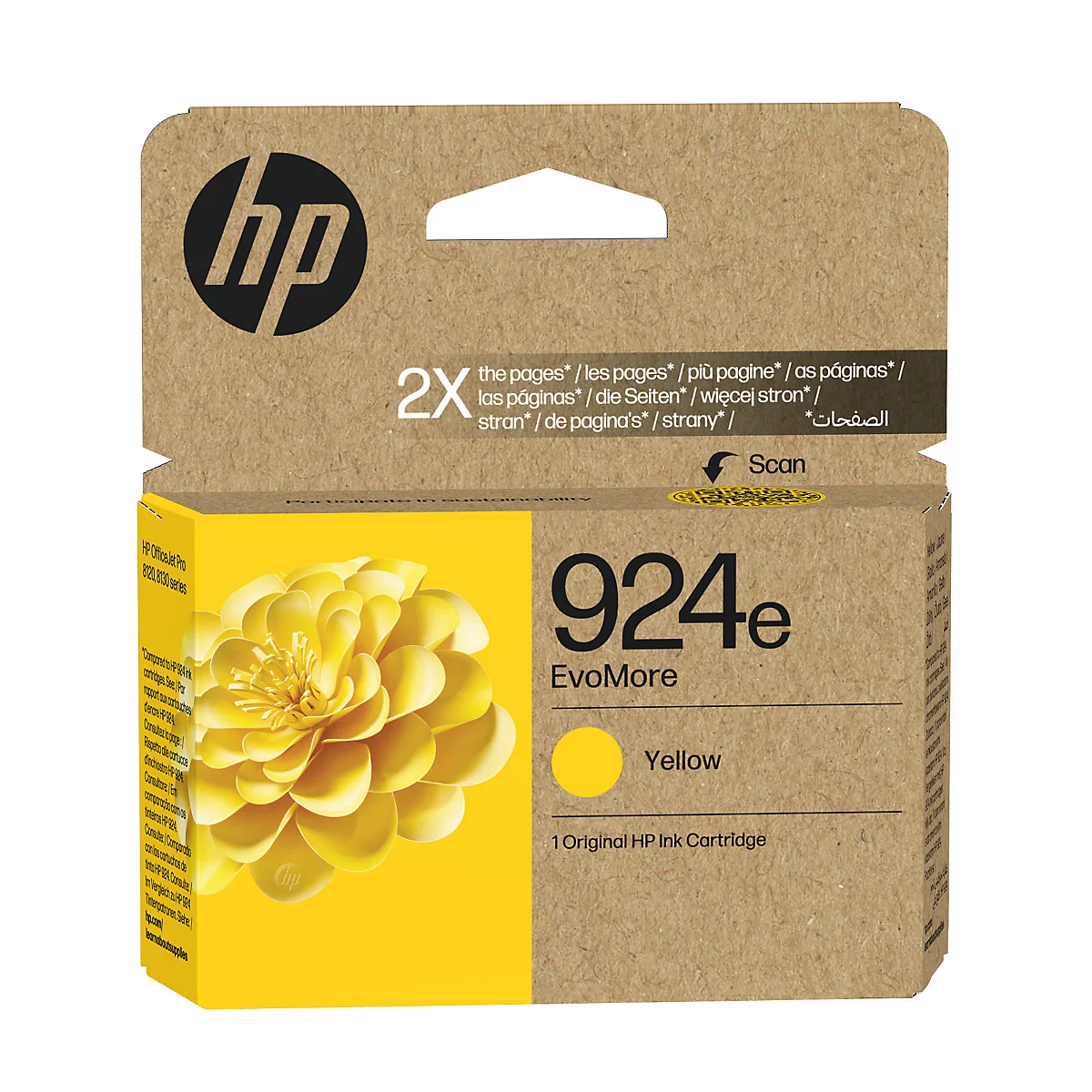 Cartouche d'encre jaune HP EvoMore 924e dans un emballage brun illustré d'une fleur jaune.