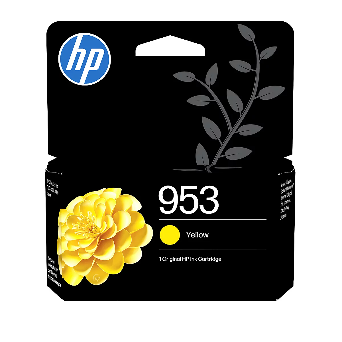 Cartouche d'encre jaune originale HP 953 dans un emballage noir avec motif floral.
