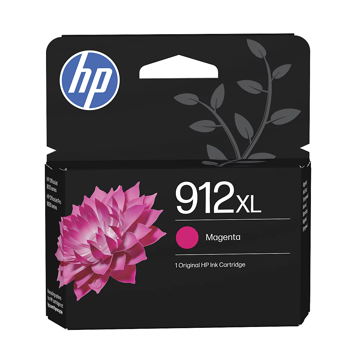 Emballage de cartouche d'encre noire HP 912XL avec une fleur magenta et le logo HP.
