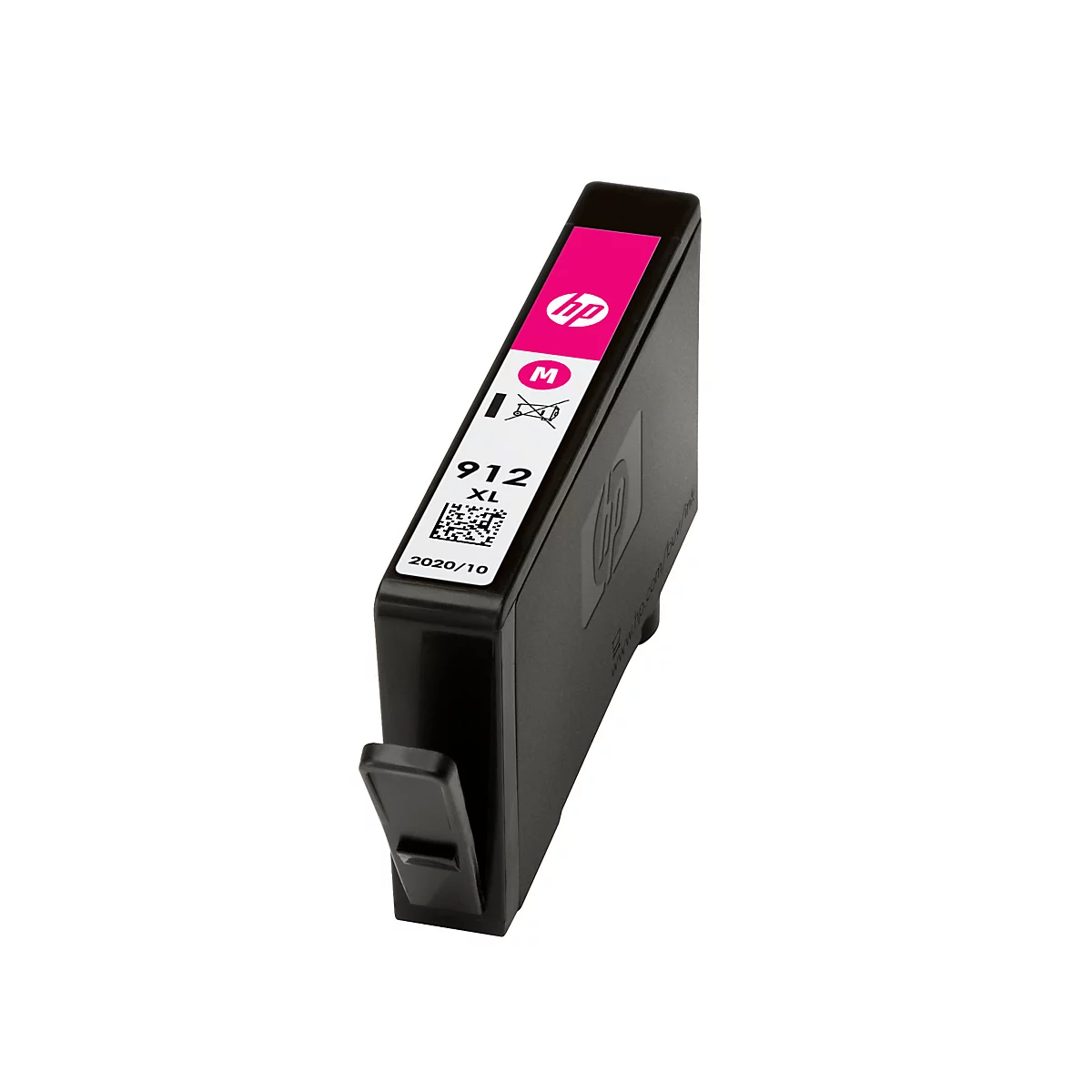 Cartouche d'imprimante HP 912 XL noire en magenta sur fond blanc.