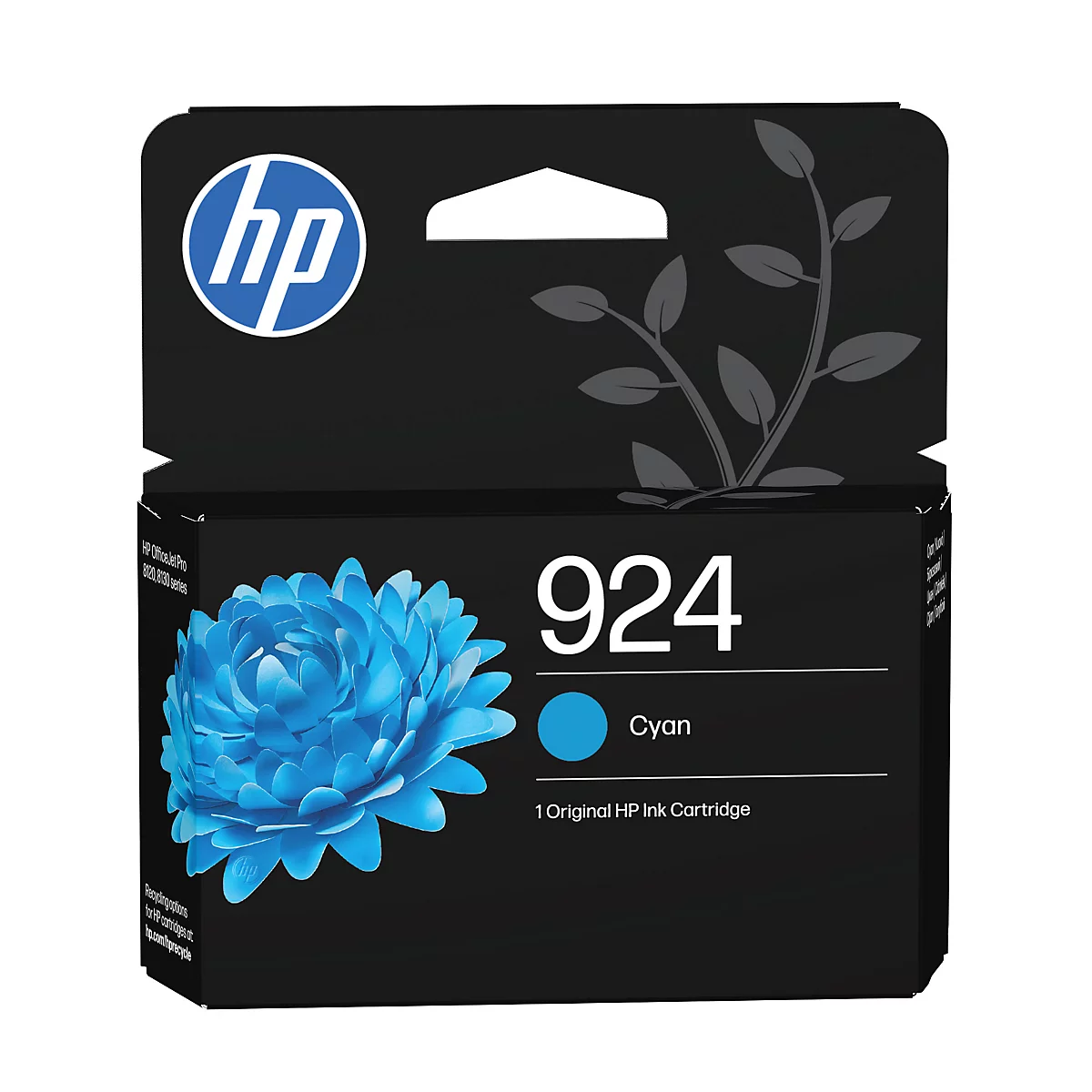 Cartouche d'encre originale HP 924 cyan avec motif floral sur l'emballage.