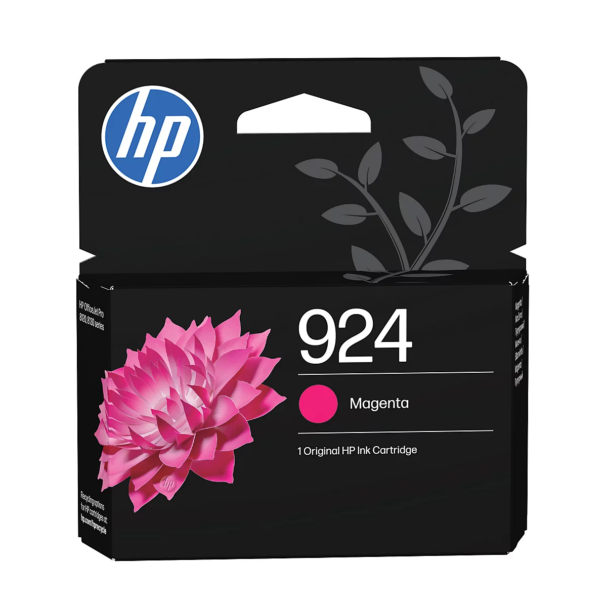 Cartouche d'encre noire HP 924 Magenta dans son emballage d'origine avec une fleur magenta.