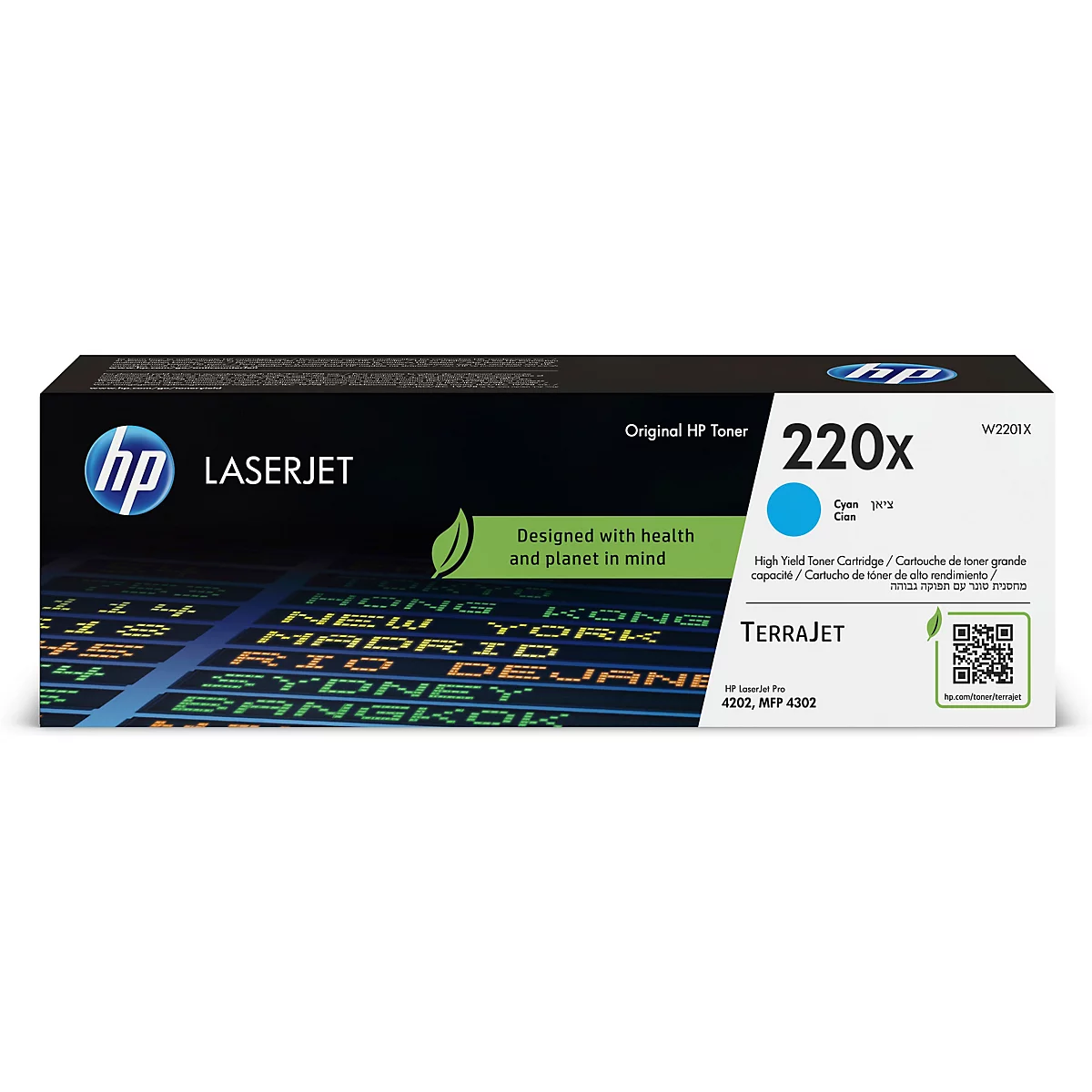 Une cartouche d'imprimante dans un emballage. L'emballage indique "HP LaserJet 220x" et le texte "Designed with health and planet in mind".