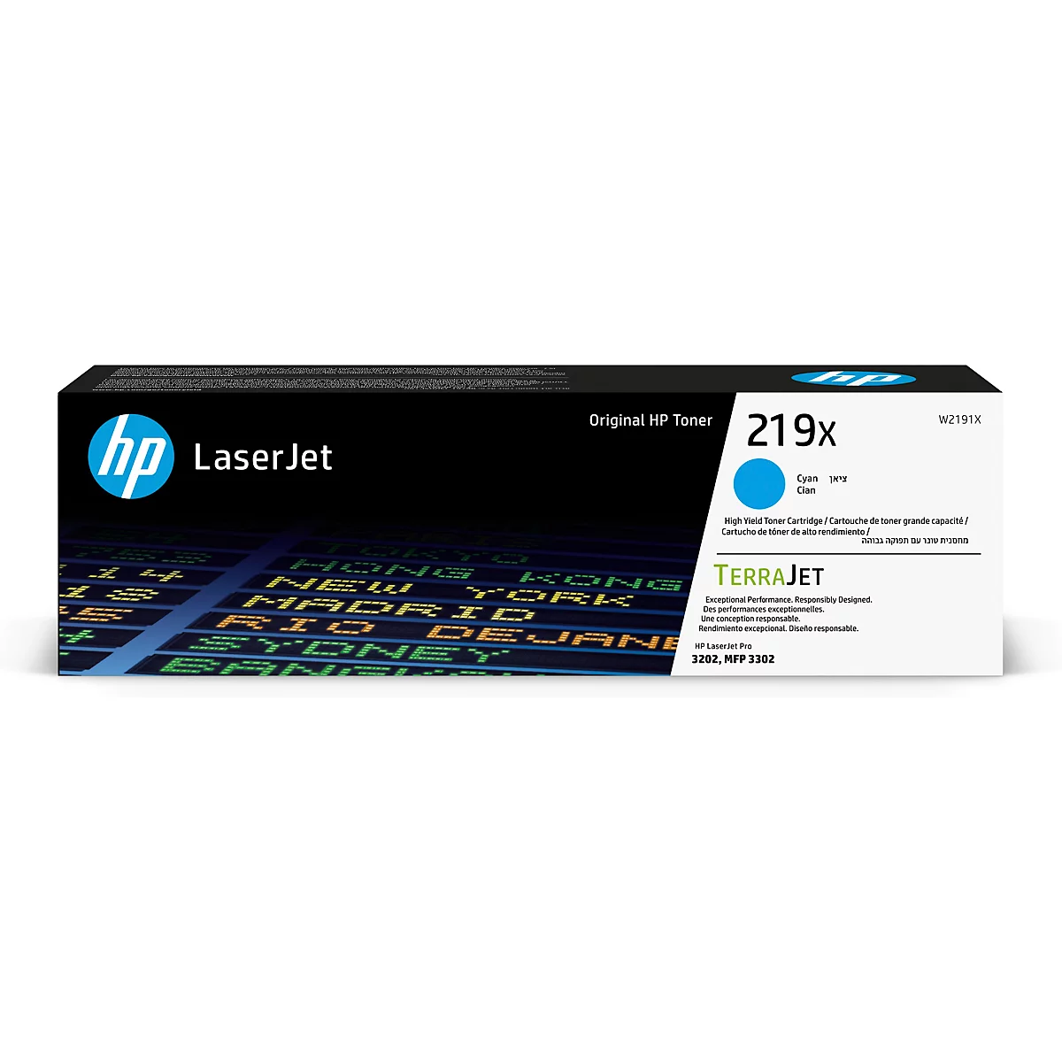 Toner HP LaserJet 219x, cyan. Boîte noire et bleue avec logo et texte.