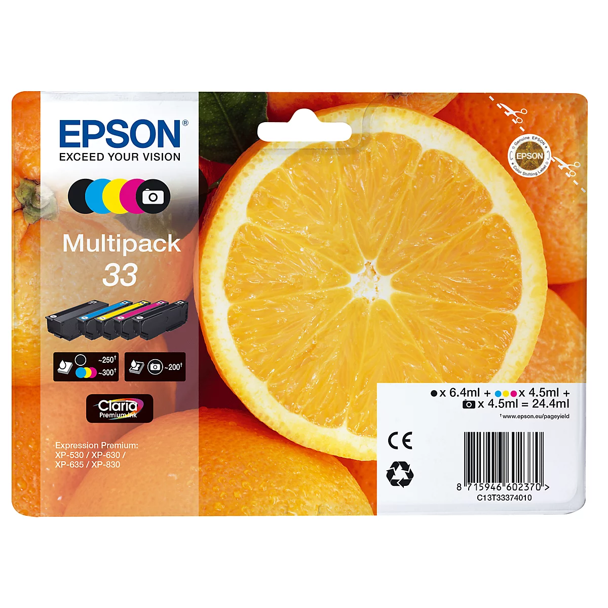 Cartouches d'encre originales Epson 33 CMYK, Mixpack, cyan, magenta, jaune, noir