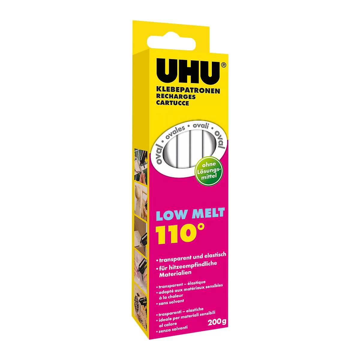Cartouches pour pistolet à colle chaude LT 110 Low Melt UHU, 200 g, forme ovale, pour presque tous les matériaux