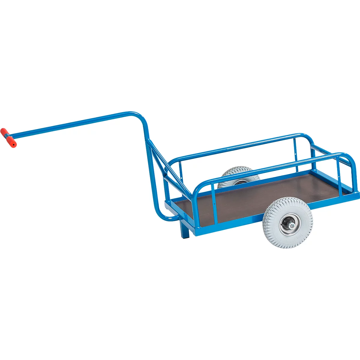 Blue transport cart with red handle and gray wheels.