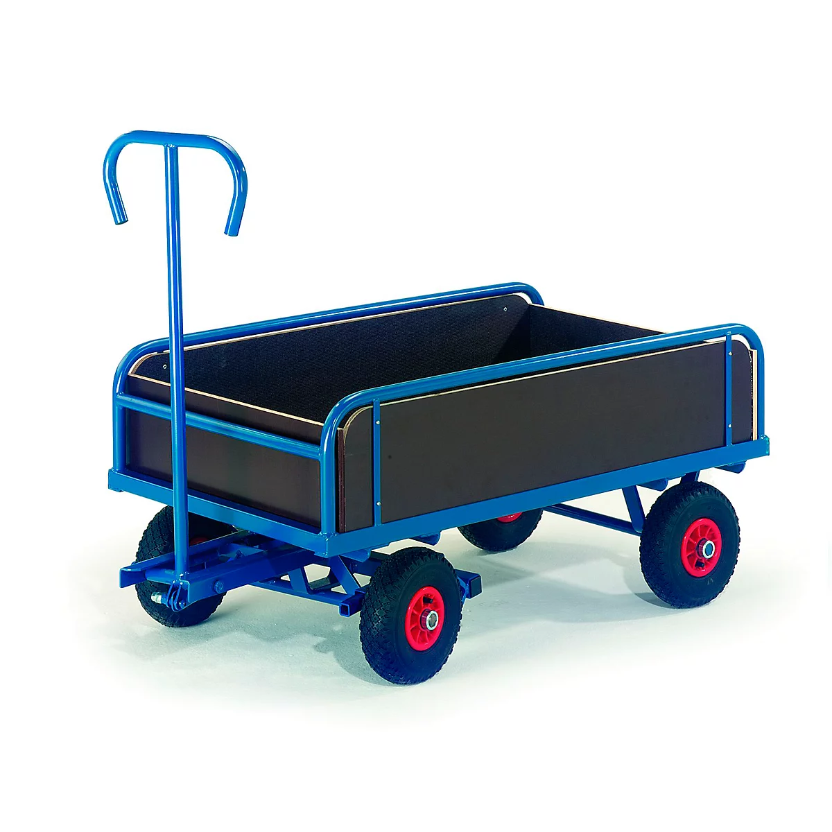 Blue wagon with four wheels and a red rim on a white background.