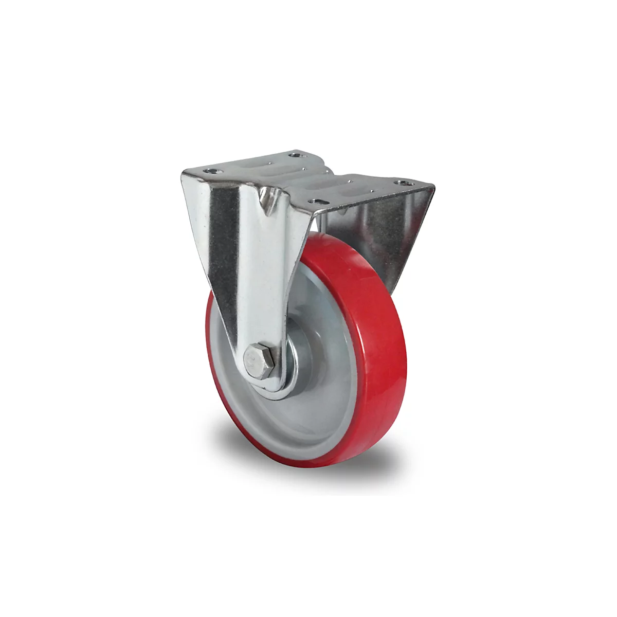 A caster wheel with a red tread, silver rim, and bracket, on a white background.