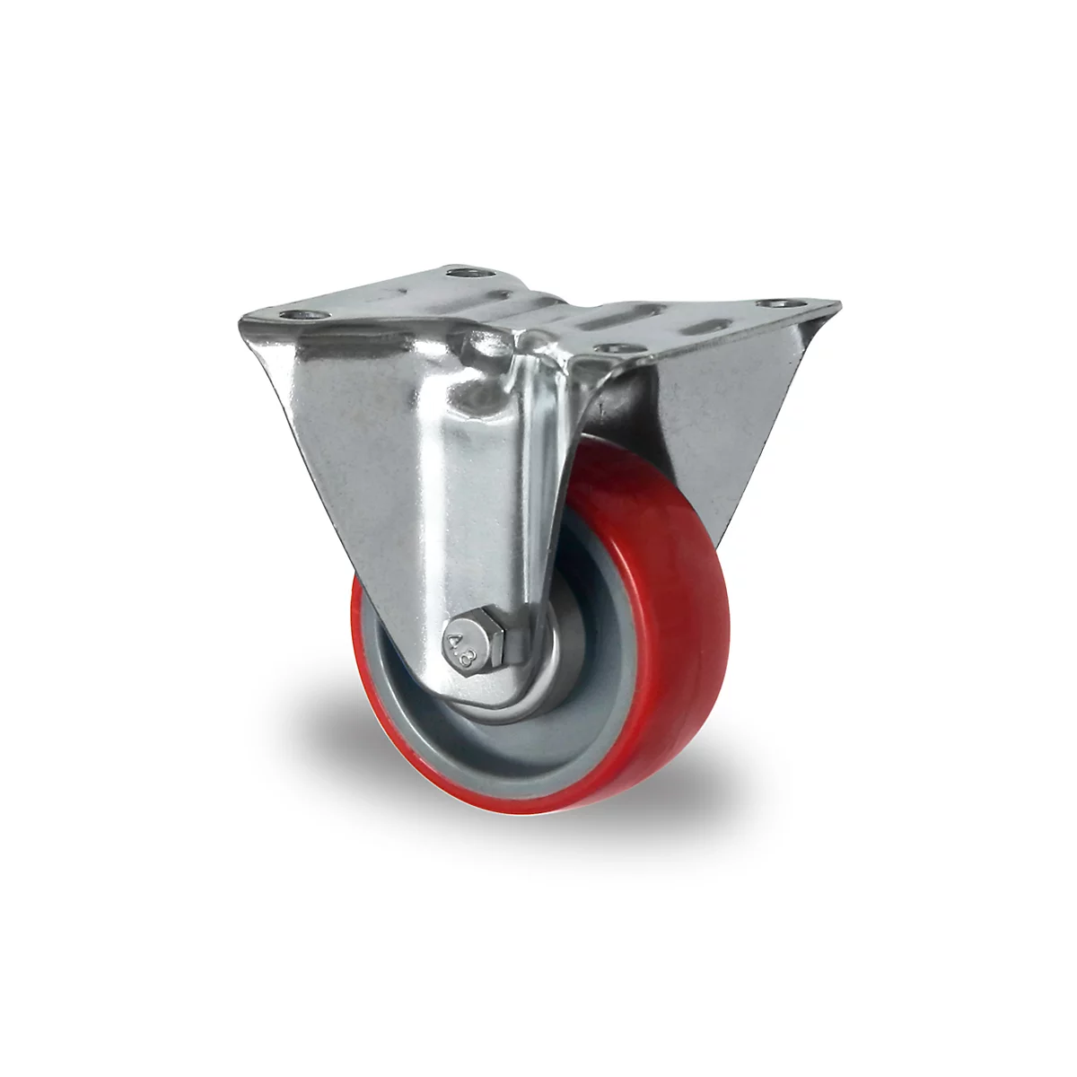 Close-up of an industrial caster with a red tread and silver casing.