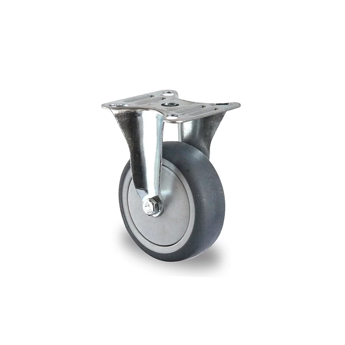 Steel swivel caster with black wheel and silver holder, isolated on a white background.