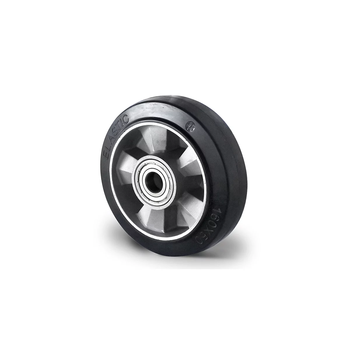 CASCOO Roue encastrée BAF4, avec ø de roue 160 mm x L 50 mm, jante en aluminium, bande de roulement élastique, noire, double roulement à billes, jusqu'à 400 kg