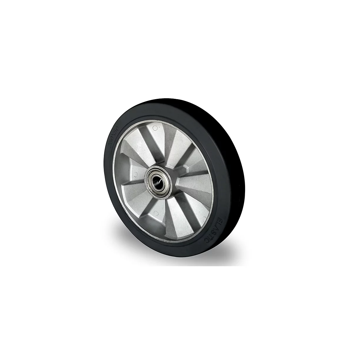 CASCOO Roue encastrée BAF4, avec ø de roue 250 mm x L 50 mm, jante en aluminium, bande de roulement élastique, noire, double roulement à billes, jusqu'à 500 kg
