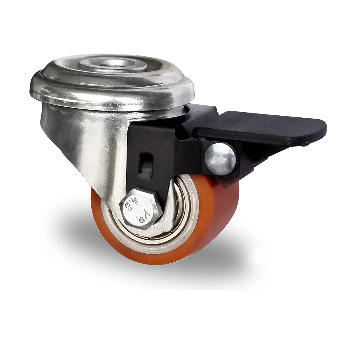CASCOO roulette pivotante à trou dorsal SWU5, avec blocage de roue, ø de roue 35 mm x L 27 mm, jante en acier, bande de roulement en polyuréthane, marron, roulement à billes double, jusqu'à 100 kg