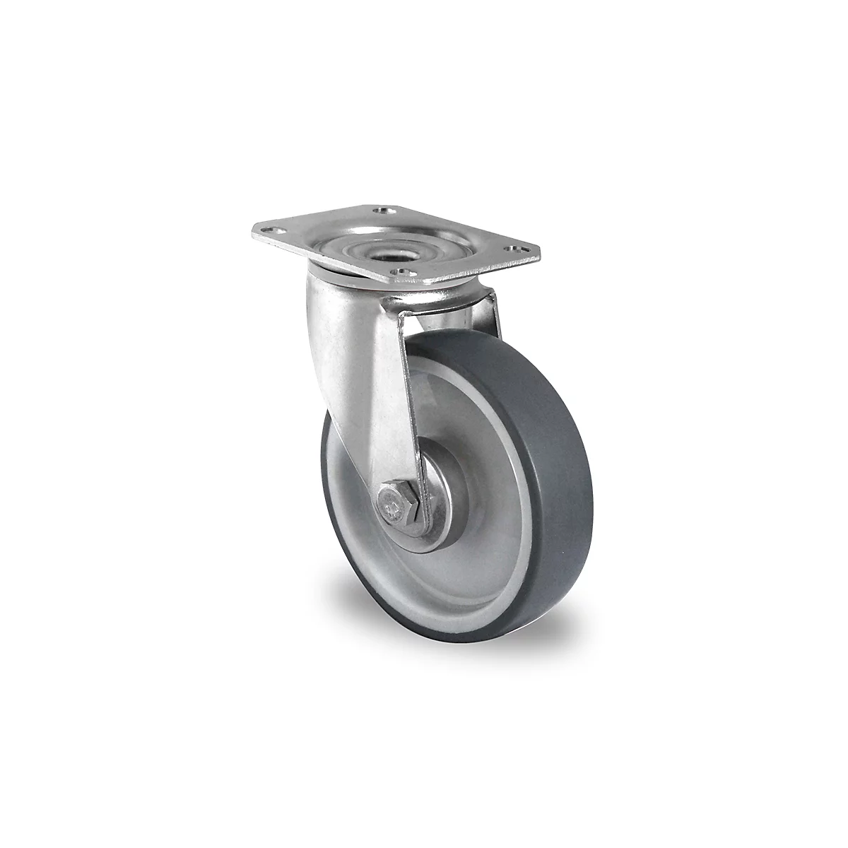 Metal swivel caster, gray wheel, mounted on a white background.