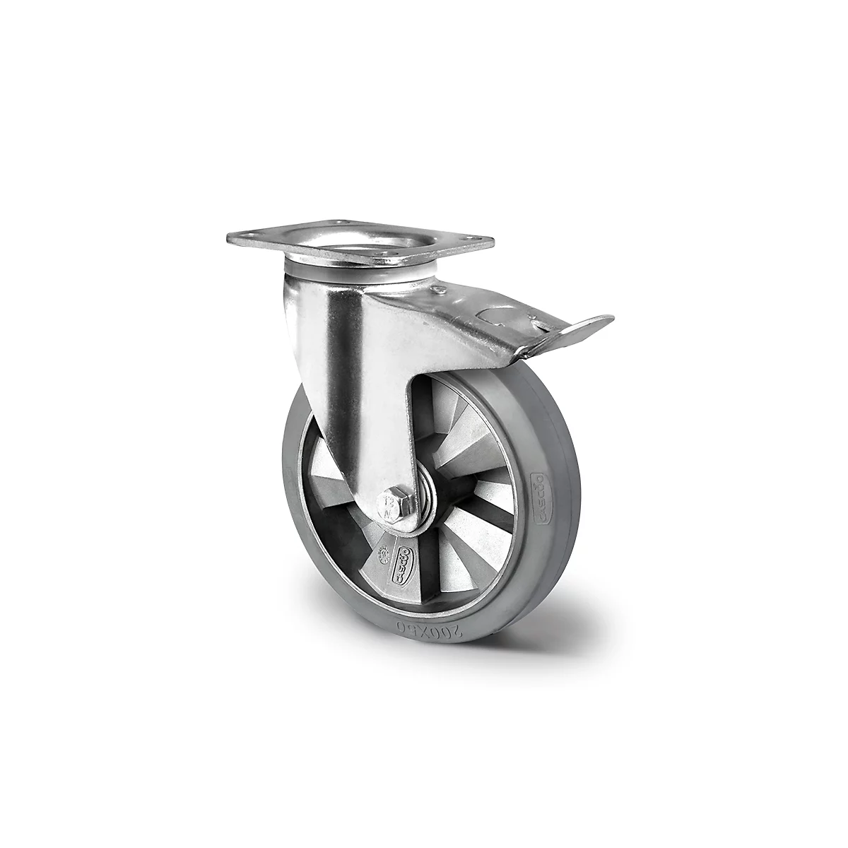 CASCOO zwenkwiel BAF2, met rem, wiel ø 160 mm x B 50 mm, aluminium velg, elastisch loopvlak, grijs, dubbele kogellager, tot 400 kg