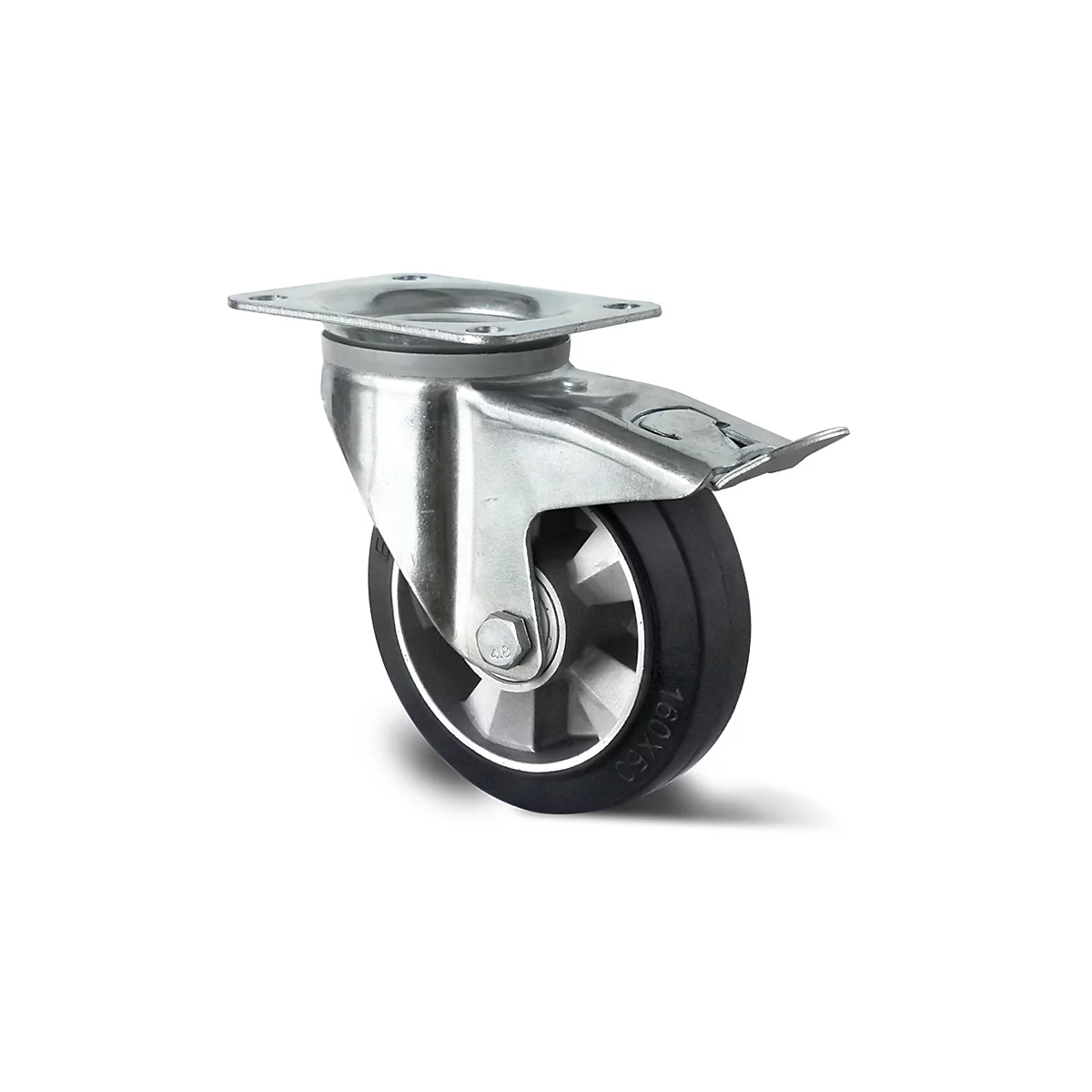 CASCOO zwenkwiel BAF4, met rem, wiel ø 160 mm x B 50 mm, aluminium velg, elastisch loopvlak, zwart, dubbele kogellager, tot 400 kg