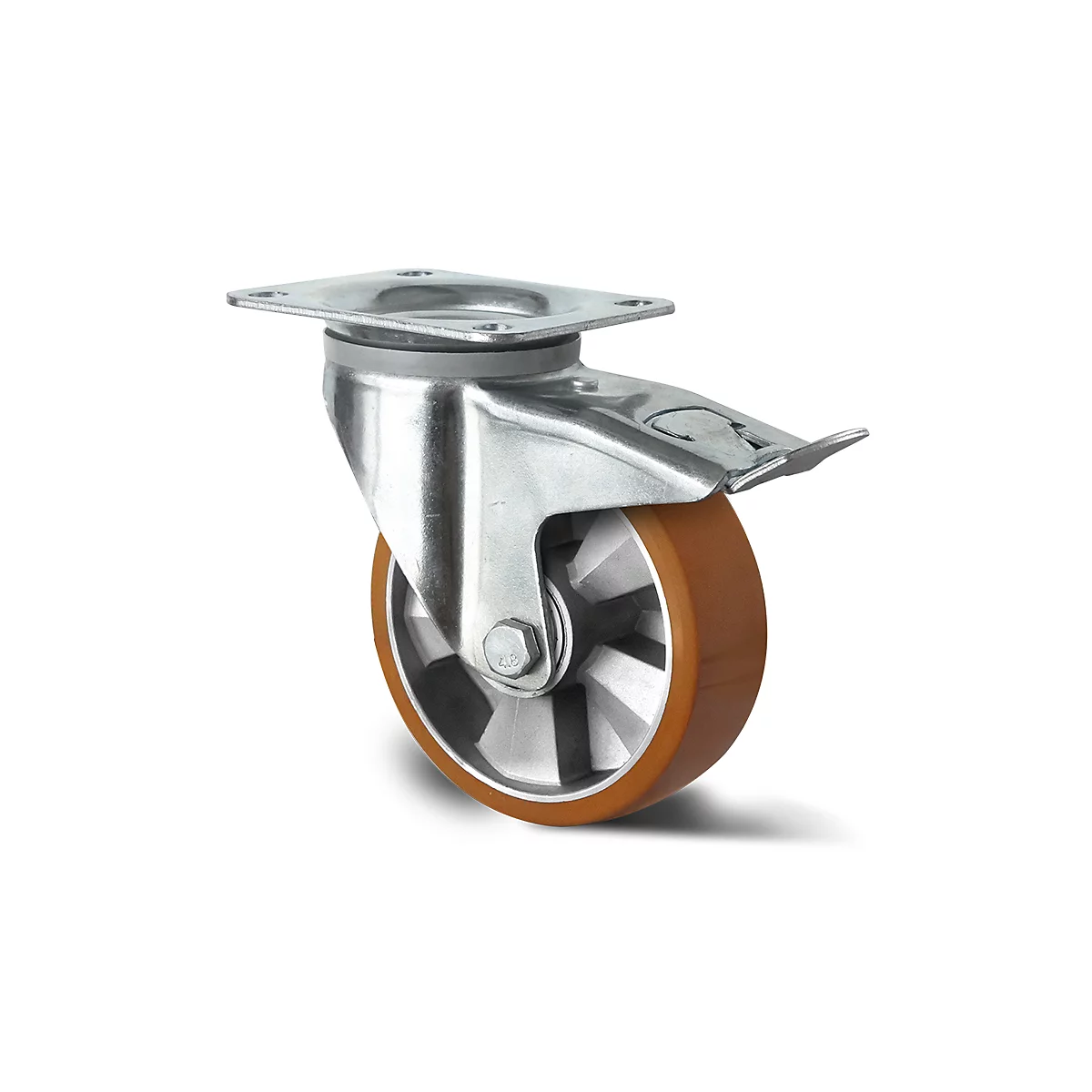 CASCOO zwenkwiel BAU5, met rem, wiel ø 200 mm x B 50 mm, aluminium velg, polyurethaan loopvlak, bruin, dubbele kogellager, tot 700 kg