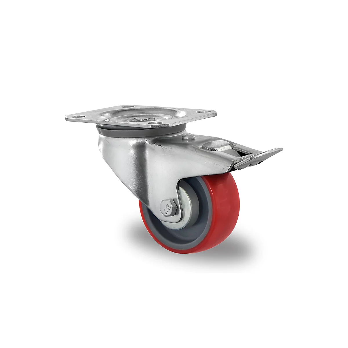 CASCOO zwenkwiel N2U6, met rem, wiel ø 80 mm x B 32 mm, polyamide velg, polyurethaan loopvlak, rood, rollager, tot 130 kg