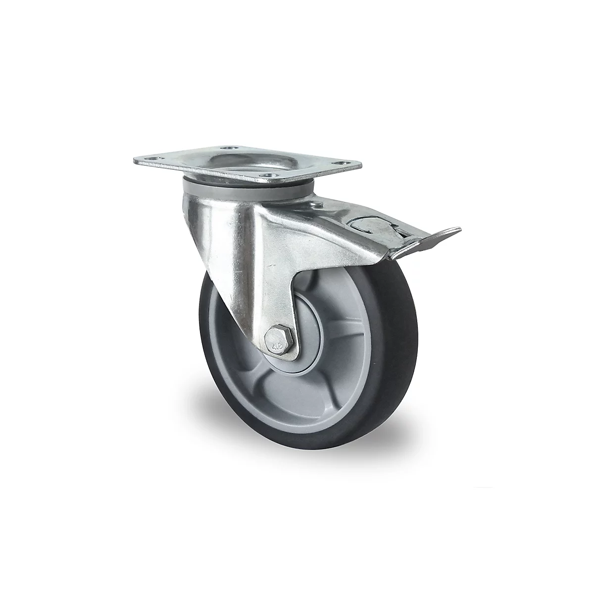 CASCOO zwenkwiel P2G2, met rem, wiel ø 160 mm x B 40 mm, velg polypropyleen, loopvlak elastomeer, grijs, kogellager, tot 200 kg
