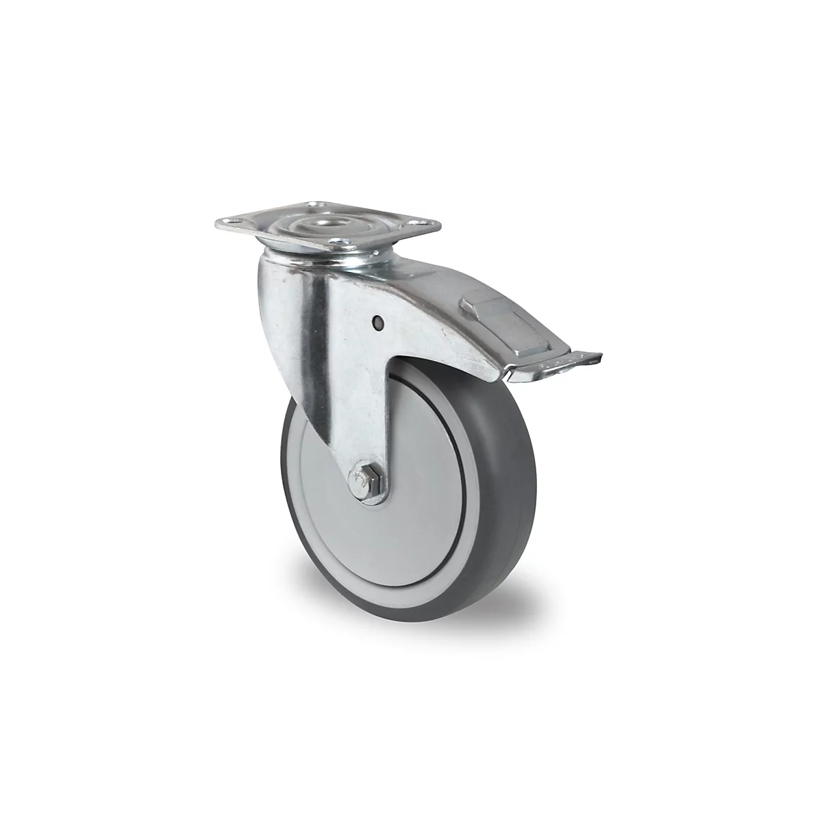CASCOO zwenkwiel P2T2, met rem, wiel ø 100 mm x B 32 mm, velg polypropyleen, loopvlak elastomeer, grijs, kogellager, tot 100 kg