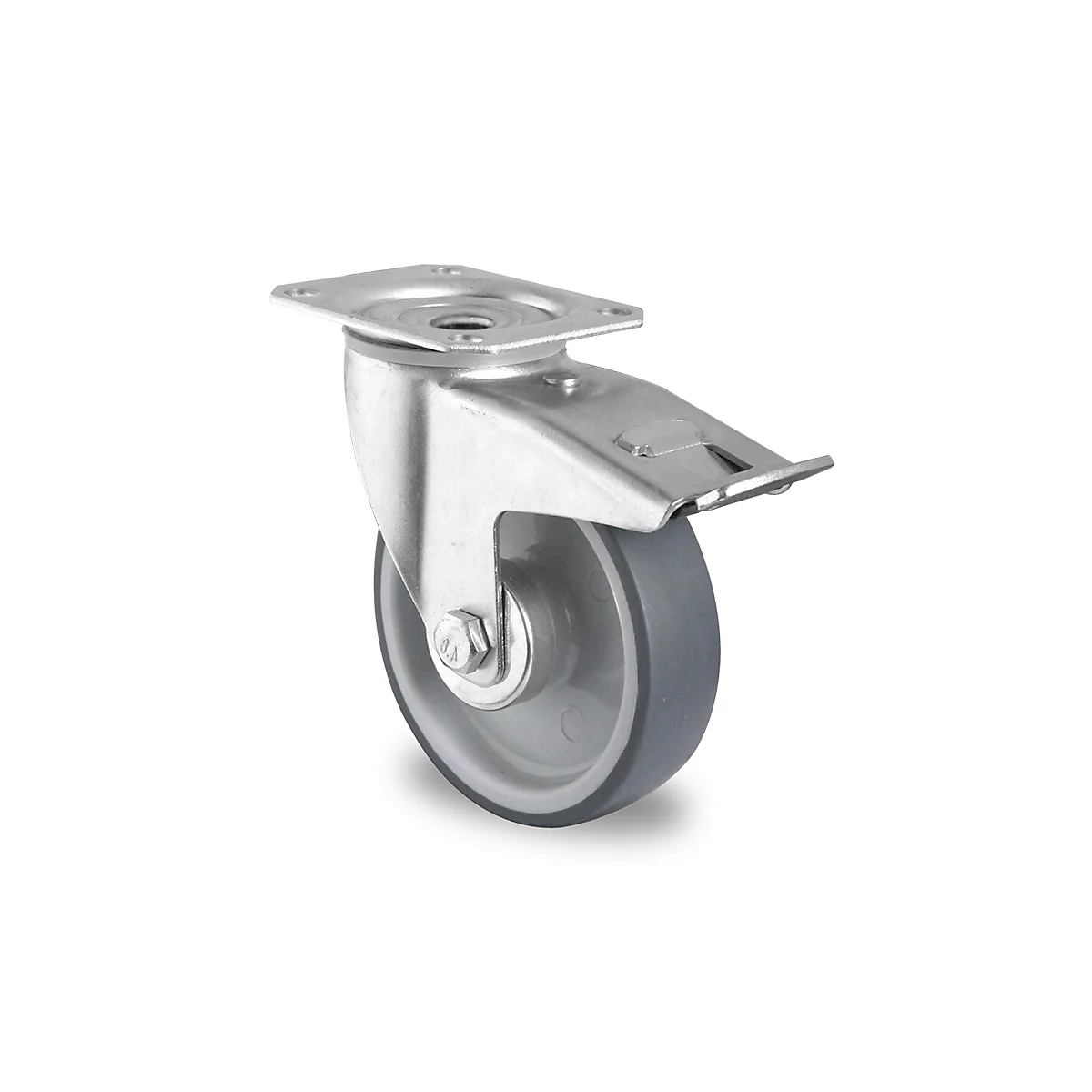 CASCOO zwenkwiel P2V2, met rem, wiel ø 100 mm x B 32 mm, velg polypropyleen, loopvlak elastomeer, grijs, rollager, tot 100 kg