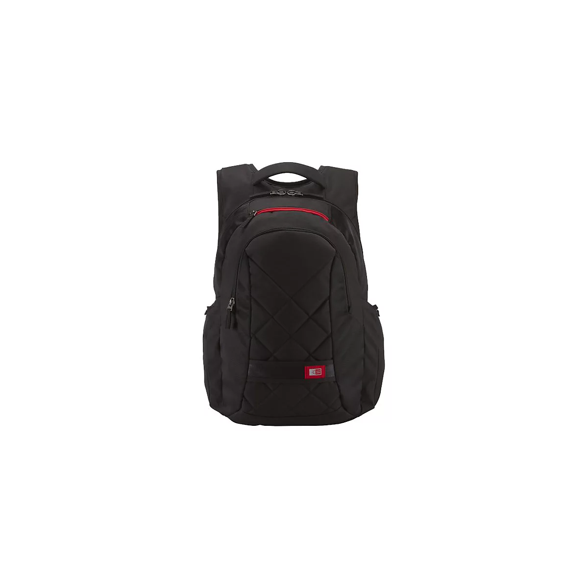 Schwarzer Rucksack mit rotem ReiÃŸverschluss und roten Details.