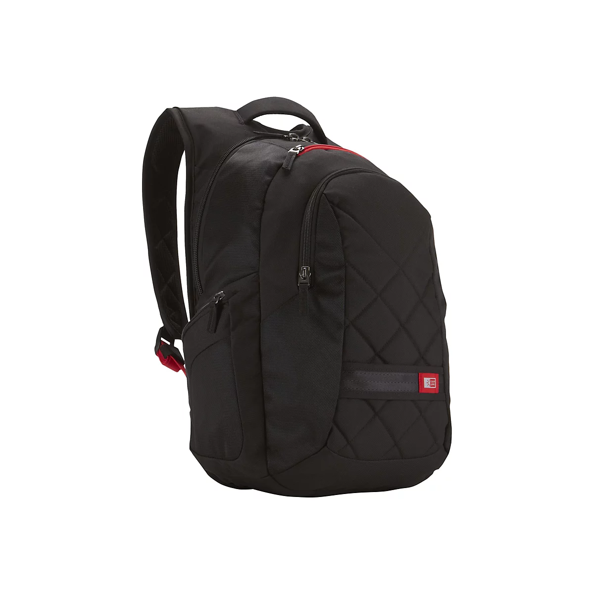 Schwarzer Rucksack mit rotem ReiÃŸverschluss und Logo. Gepolstertes Design und Case Logo.