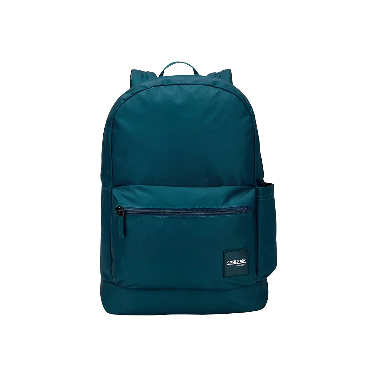 Dunkelblauer Rucksack mit Reißverschlusstasche und Case Logic Logo.