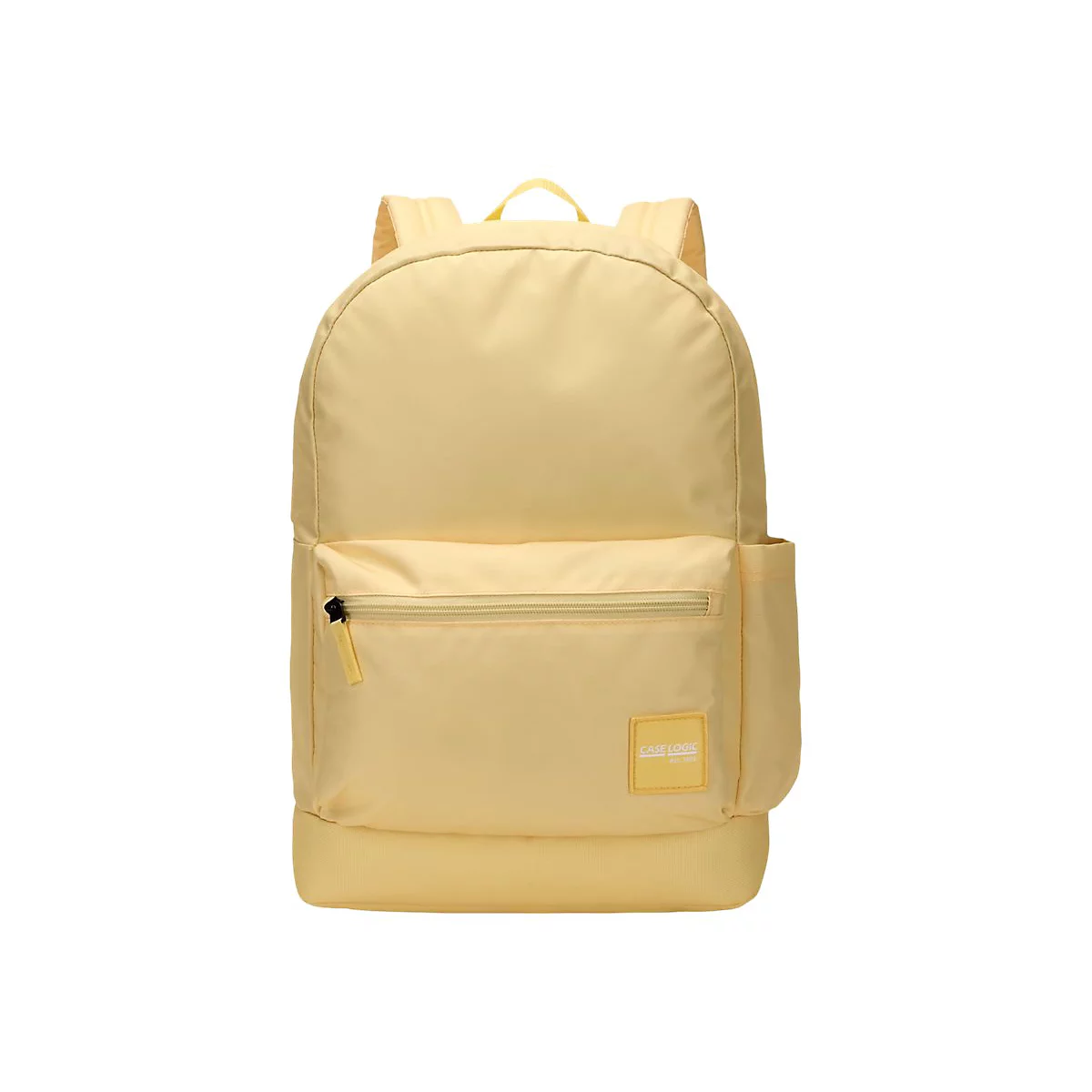 Gelber Rucksack mit Reißverschlusstaschen und Schultergurten. Auf dem Rucksack befindet sich das Case Logic Logo.