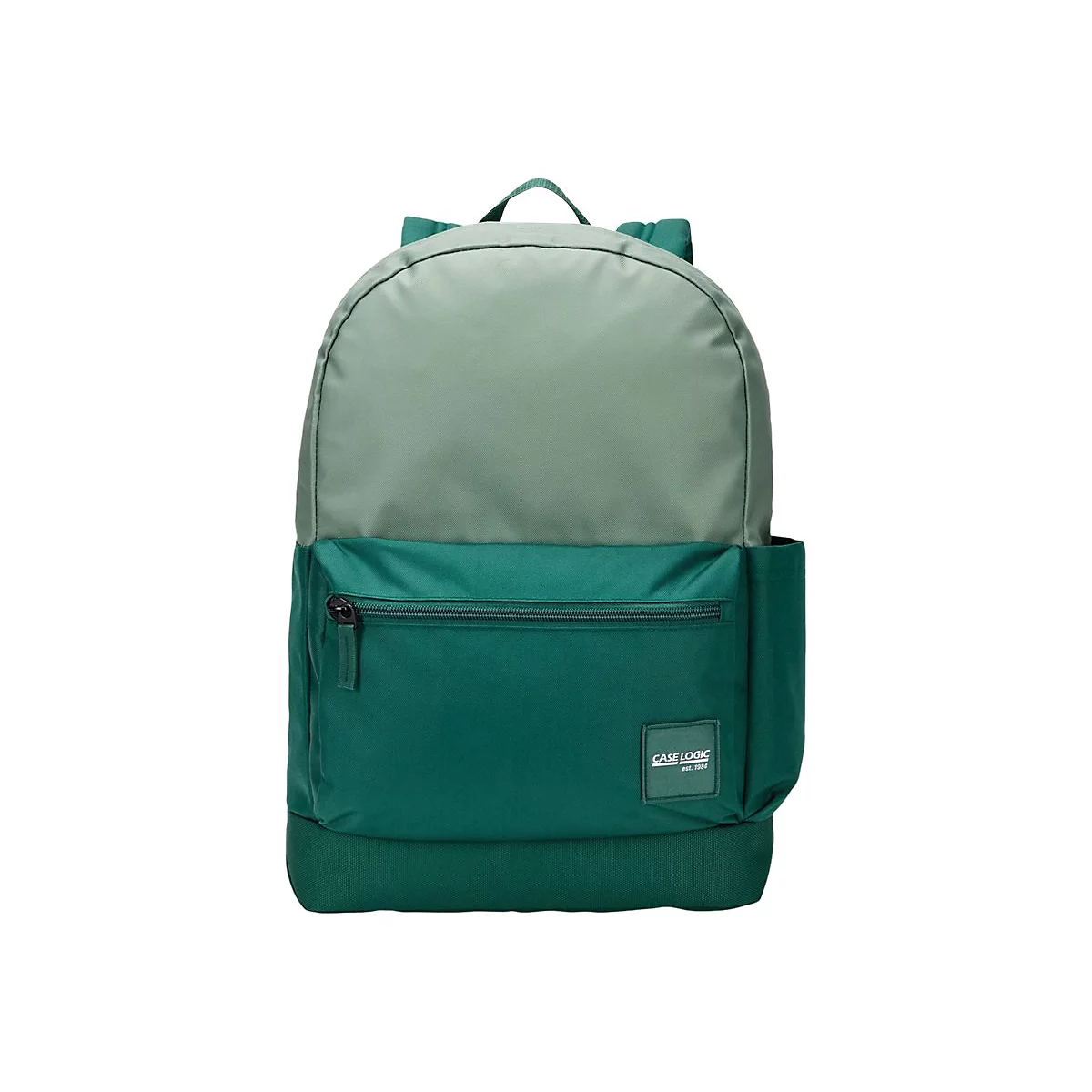 Zweifarbiger Rucksack in Grün. Obere Hälfte hell, untere Hälfte dunkel. Reißverschluss-Vordertasche, Case Logic Logo.