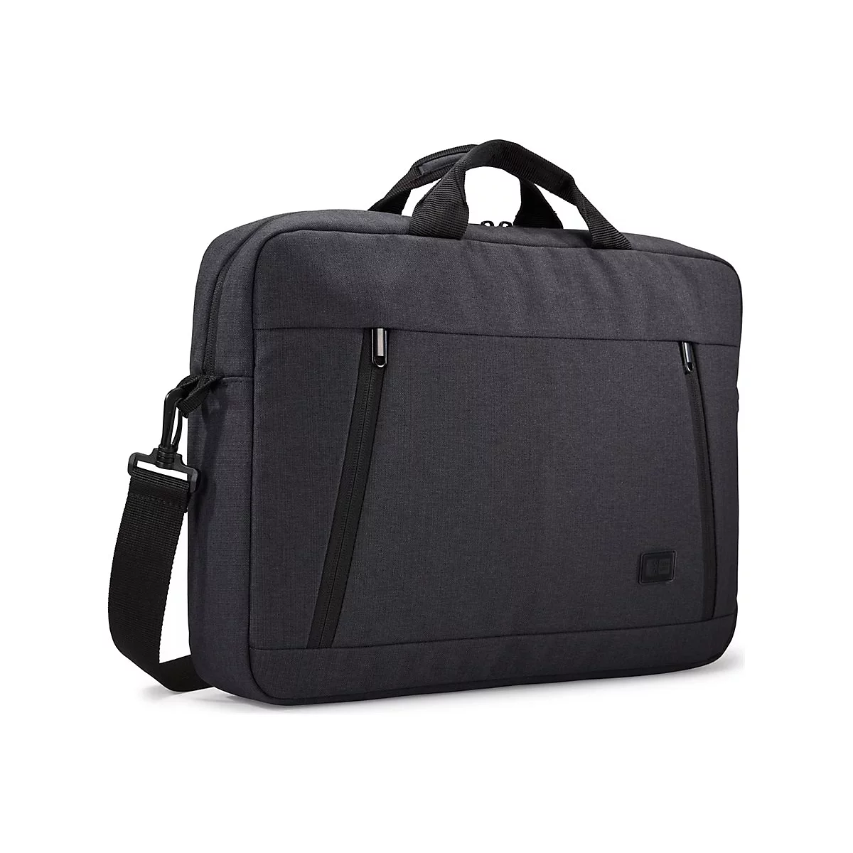 Dunkelgraue Laptoptasche mit Griff, Schultergurt und Reißverschlusstaschen. Logo rechts unten.