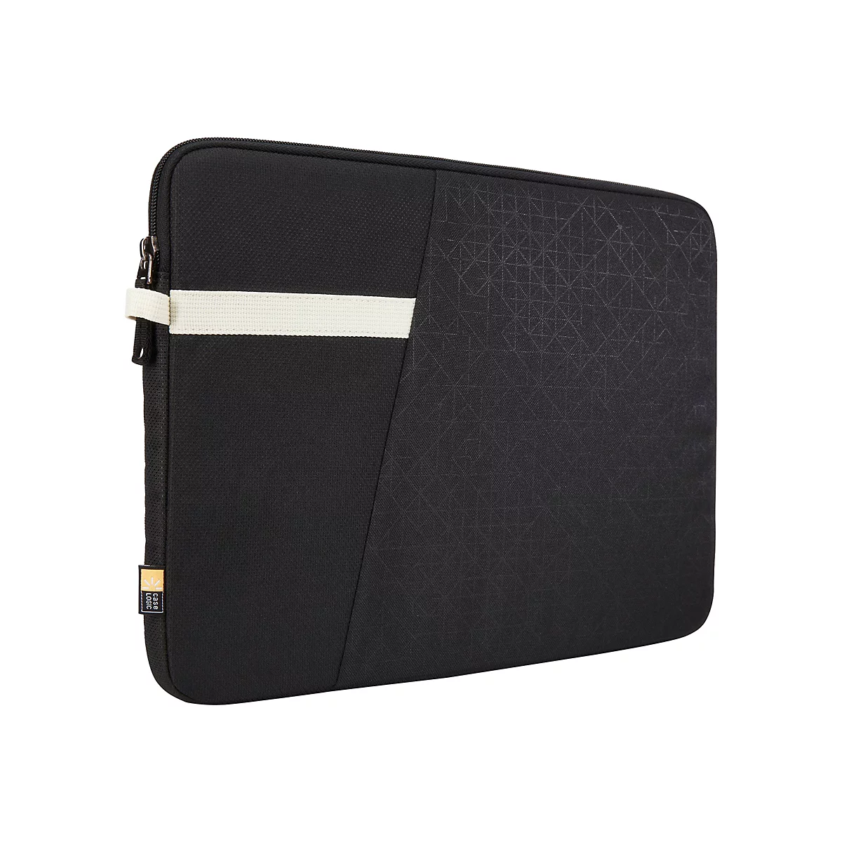 Schwarze Laptoptasche mit weiÃŸem Querstreifen. Auf der Tasche ist ein geometrisches Muster und ein ReiÃŸverschluss zu sehen.