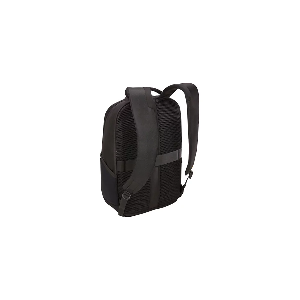 Schwarzer Rucksack im Profil, mit gepolsterten Schultergurten und atmungsaktivem RÃ¼ckenteil.