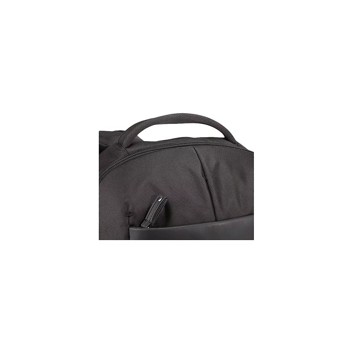 Detailaufnahme eines schwarzen Rucksacks. Griff oben, ReiÃŸverschluss, Vordertasche.