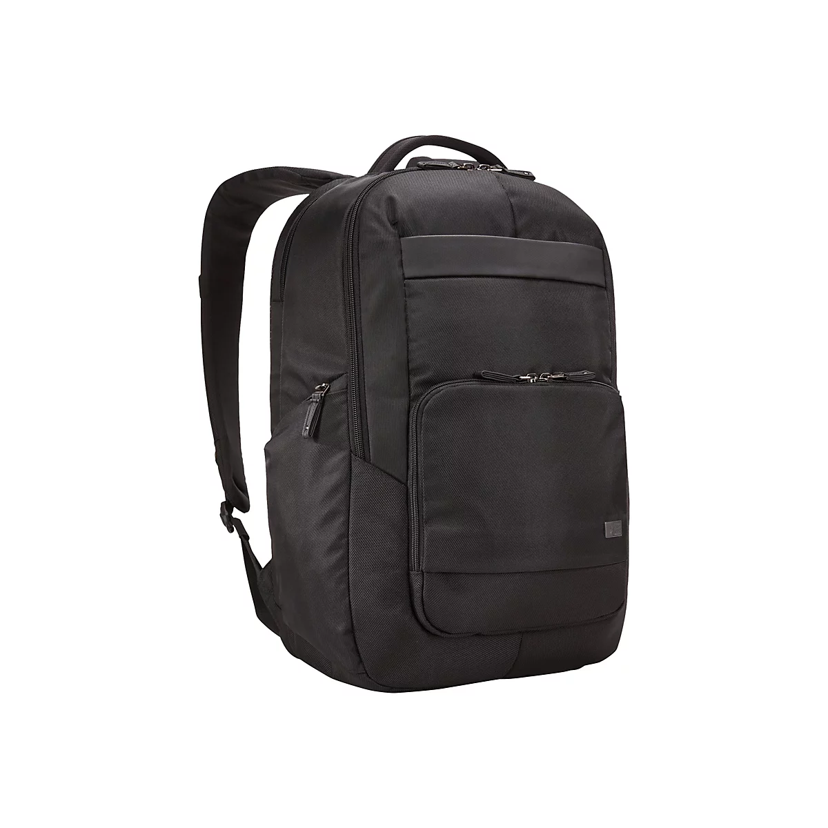 Schwarzer Rucksack mit mehreren FÃ¤chern und ReiÃŸverschlÃ¼ssen. Auf hellem Hintergrund.